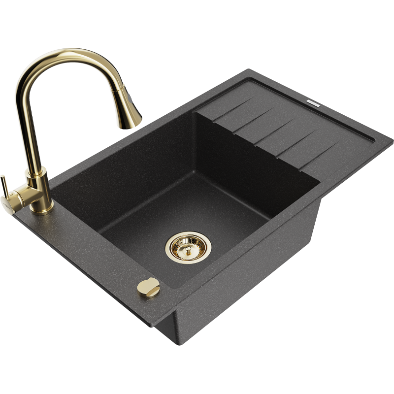 Mexen Elias fregadero de granito de 1 cubeta con escurridor y grifo de cocina Elia, negro moteado - 6511-76-670101-50