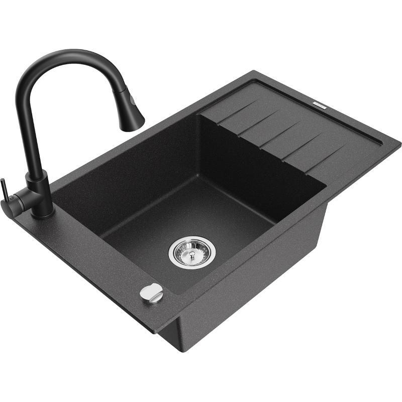 Mexen Elias fregadero de granito de 1 compartimiento con escurridor y grifo de cocina Elia, negro moteado - 6511-76-670101-70