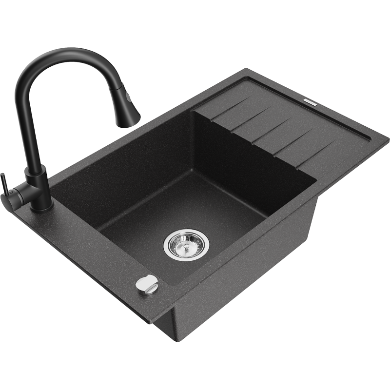 Mexen Elias lavello in granito 1 vasca con sgocciolatoio e rubinetto da cucina Elia, nero maculato - 6511-76-670101-70