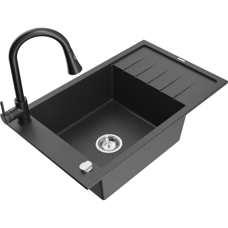 Mexen Elias granit keuken spoelbak 1-compartiment met druiprek en keukenkraan Elia, zwart gespikkeld - 6511-76-670101-70
