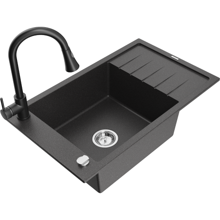 Mexen Elias vienas bļodas granīta izlietne ar noteku un virtuves maisītāju Elia, melns ar punktiem - 6511-76-670101-70