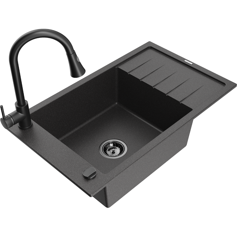 Mexen Elias graniittinen yksialtainen keittiöallas valutustasolla ja keittiöhanalla Elia, musta pilkullinen
