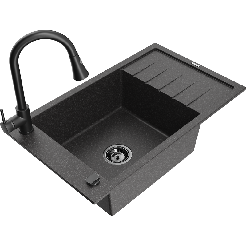 Mexen Elias granitizlietne ar vienu nodalījumu un noteces virsmu, ar virtuves jaucējkrānu Elia, melns raibumains