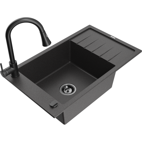 Mexen Elias graniittinen yksialtainen keittiöallas valutustasolla ja keittiöhanalla Elia, musta pilkullinen