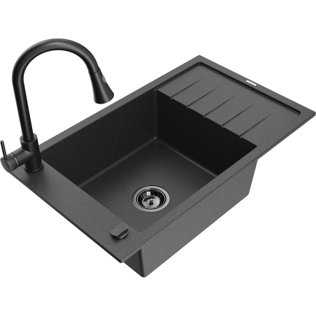 Mexen Elias granitizlietne ar vienu nodalījumu un noteces virsmu, ar virtuves jaucējkrānu Elia, melns raibumains