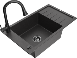 Mexen Elias 1-bowl granite sink with drainer and Elia kitchen tap, black speckled - 6511-76-670101-70-B