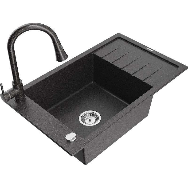 Mexen Elias fregadero de granito de 1 cubeta con escurridor y grifo de cocina Elia, negro moteado - 6511-76-670101-76
