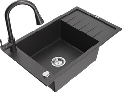 Mexen Elias fregadero de granito de 1 cubeta con escurridor y grifo de cocina Elia, negro moteado - 6511-76-670101-76