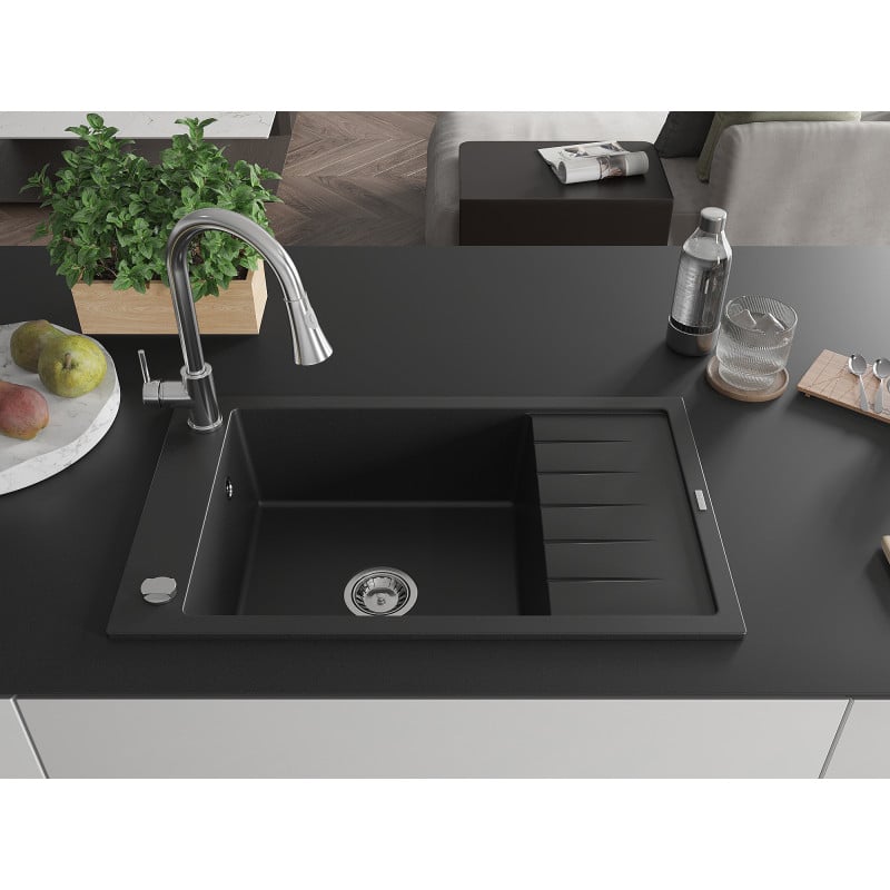Mexen Elias lava-louça de granito de 1 cuba com escorredor e torneira de cozinha Elia, preto - 6511-77-670101-00