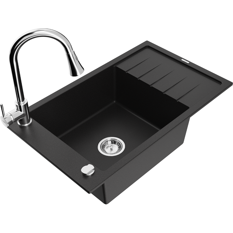 Mexen Elias fregadero de granito de 1 seno con escurridor y grifo de cocina Elia, negro - 6511-77-670101-00