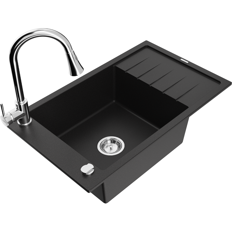 Mexen Elias granite sink, 1-bowl with drainer and Elia kitchen tap, black - 6511-77-670101-00