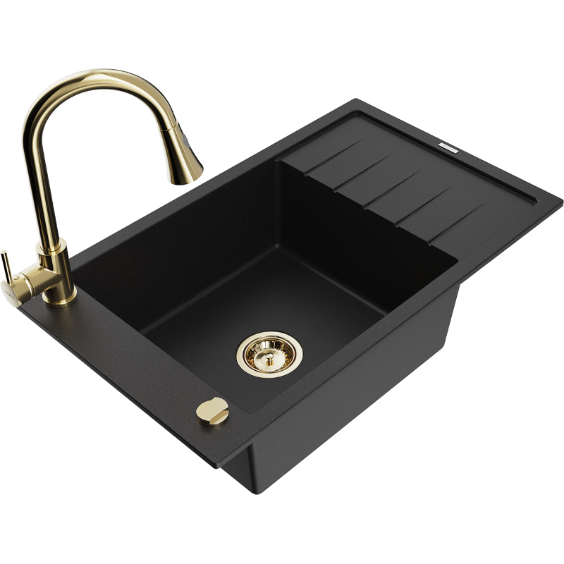 Mexen Elias fregadero de granito de 1 seno con escurridor y grifo de cocina Elia, negro - 6511-77-670101-50