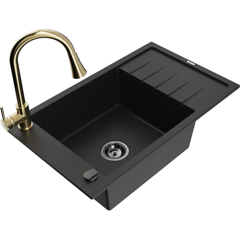 Mexen Elias Granitspüle 1-Becken mit Abtropffläche und Küchenarmatur Elia, schwarz - 6511-77-670101-50-B