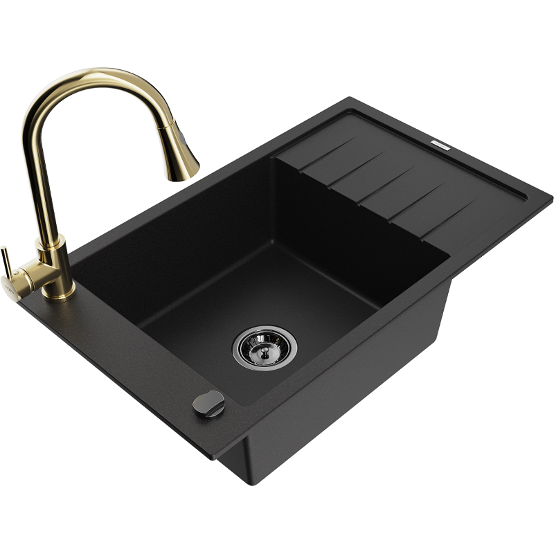 Mexen Elias lava-loiça de granito 1-cuba com escorredor e torneira de cozinha Elia, preto - 6511-77-670101-50-B