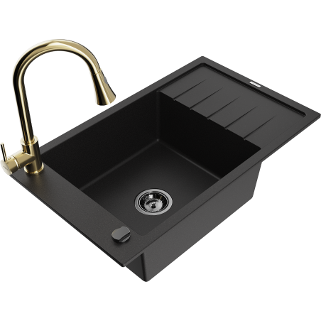 Mexen Elias granite sink 1-bowl with drainer and kitchen tap Elia, black - 6511-77-670101-50-B