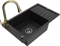 Mexen Elias granite sink 1-bowl with drainer and kitchen tap Elia, black - 6511-77-670101-50-B