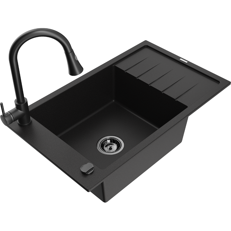 Mexen Elias fregadero de granito 1-cubeta con escurridor y grifo de cocina Elia, negro - 6511-77-670101-70-B