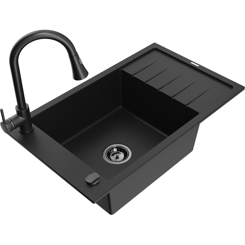 Mexen Elias Fregadero de granito de 1 cámara con escurridor y grifo de cocina Elia, negro - 6511-77-670101-70-B