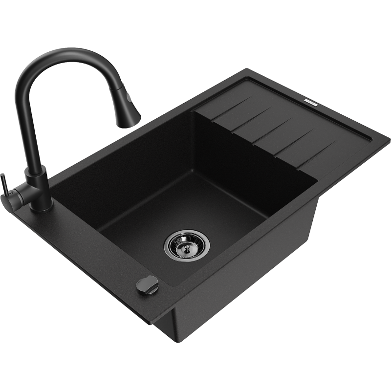 Mexen Elias granitdiskho 1-facks med avrinningsyta och köksblandare Elia, svart - 6511-77-670101-70-B