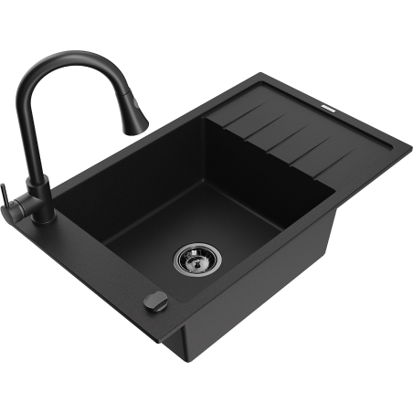 Mexen Elias Granitspüle 1-Becken mit Abtropffläche und Küchenarmatur Elia, schwarz - 6511-77-670101-70-B