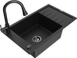 Mexen Elias granite single-bowl sink with drainer and kitchen faucet Elia, black - 6511-77-670101-70-B