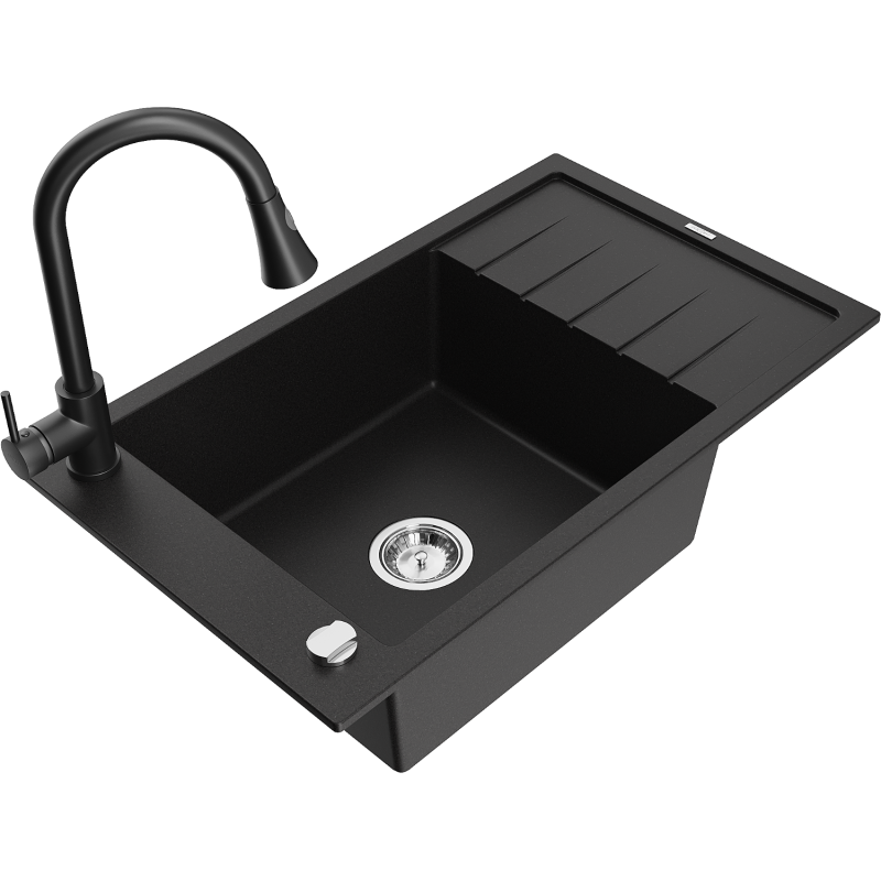 Mexen Elias fregadero de granito de 1 seno con escurridor y grifo de cocina Elia, negro - 6511-77-670101-70