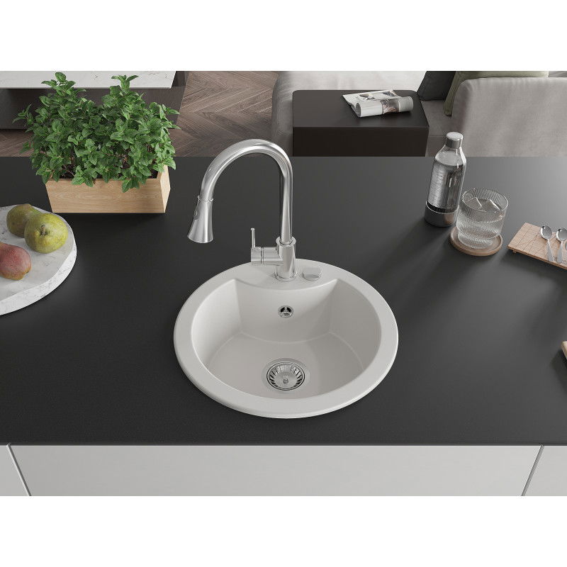 Mexen Diego single-bowl granite sink with Elia kitchen tap, white - 6512-20-670101-00