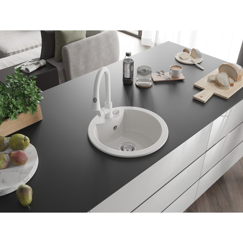 Mexen Diego granite kitchen sink 1-bowl with Elia kitchen faucet, white - 6512-20-670101-20