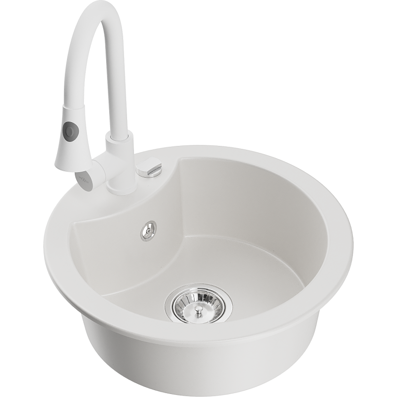 Mexen Diego fregadero de granito de 1 cubeta con grifo de cocina Elia, blanco - 6512-20-670101-20