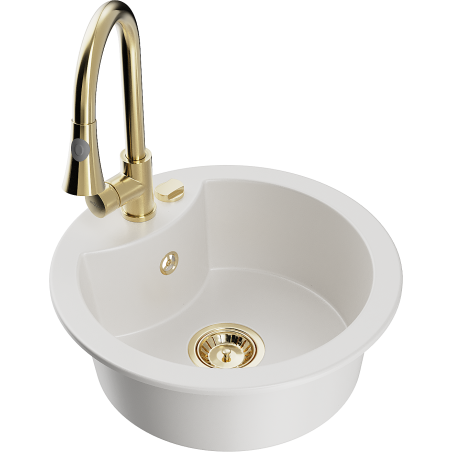 Mexen Diego granieten spoelbak 1-kommer met keukenkraan Elia, wit - 6512-20-670101-50