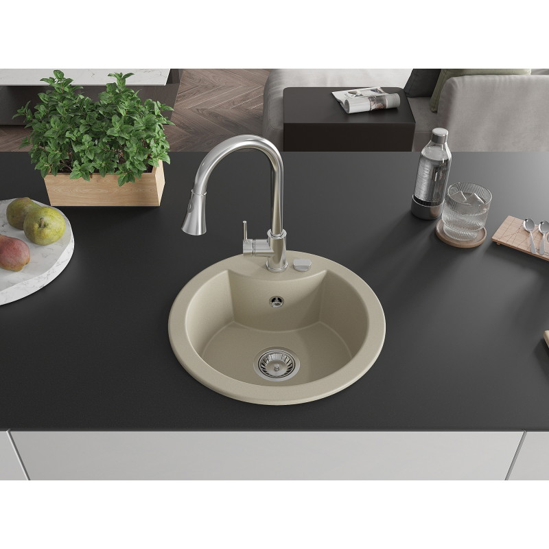 Mexen Diego fregadero de cocina de granito de 1 cubeta con grifo Elia, beige - 6512-69-670101-00
