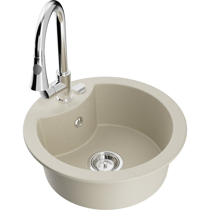 Mexen Diego granite sink 1-bowl with Elia kitchen tap, beige - 6512-69-670101-00