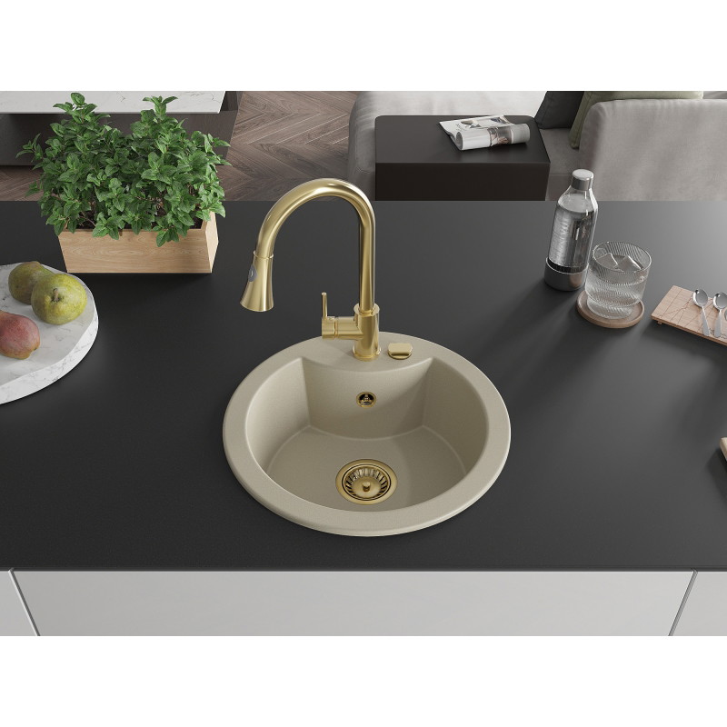 Mexen Diego Granitspüle 1-becken mit Küchenarmatur Elia, beige - 6512-69-670101-50