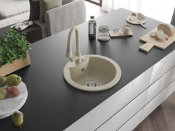 Mexen Diego granite kitchen sink 1-bowl with Elia kitchen faucet, beige - 6512-69-670101-69