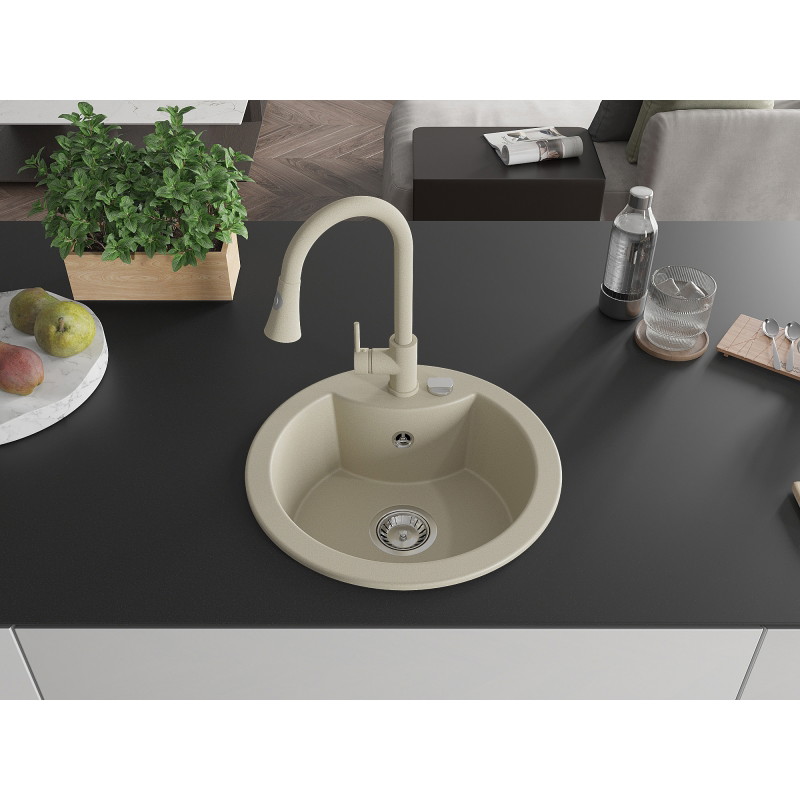 Mexen Diego granit gootsteen met 1 kom, met Elia keukenkraan, beige - 6512-69-670101-69