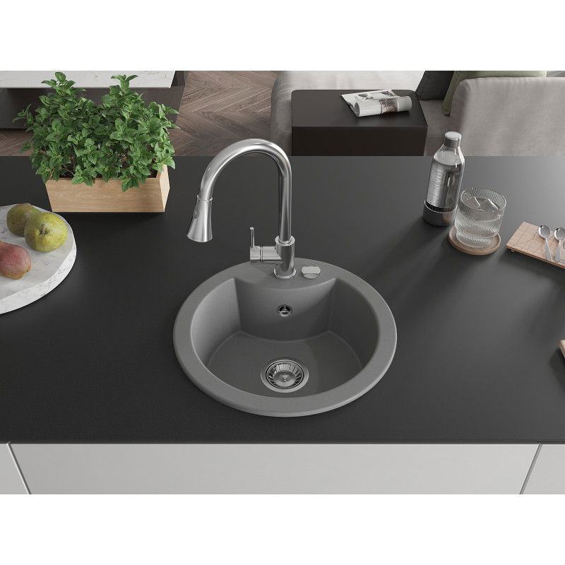 Mexen Diego granite kitchen sink 1-bowl with Elia kitchen tap, grey - 6512-71-670101-00