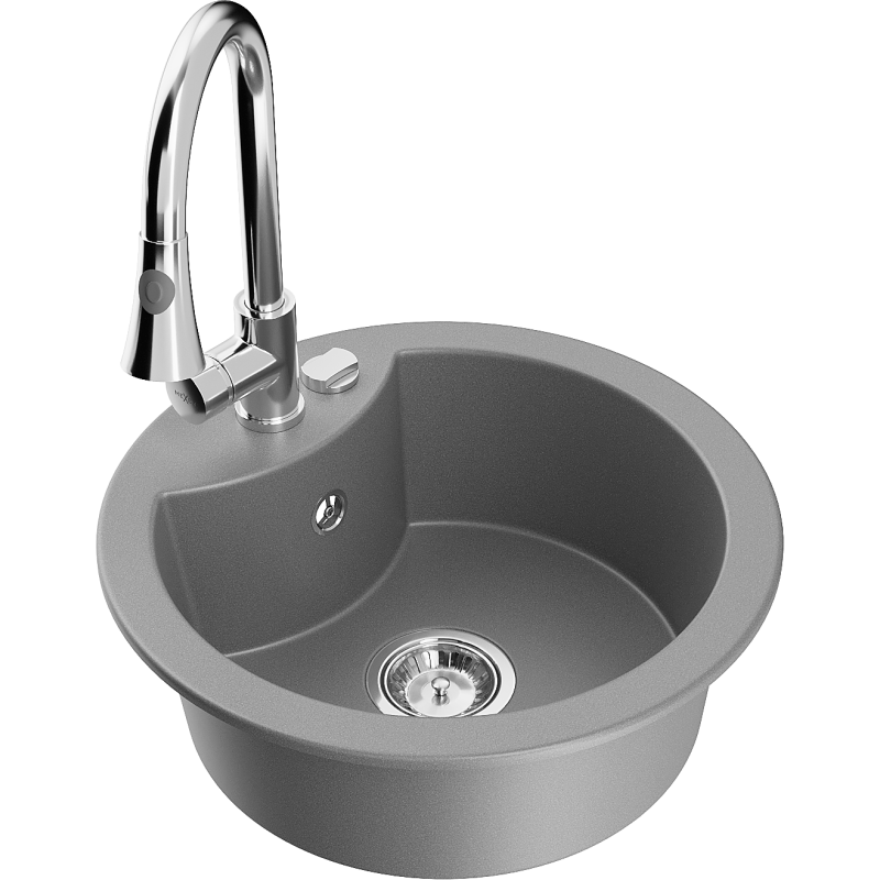 Mexen Diego lava-loiça granítico de 1 cuba com torneira de cozinha Elia, cinza - 6512-71-670101-00