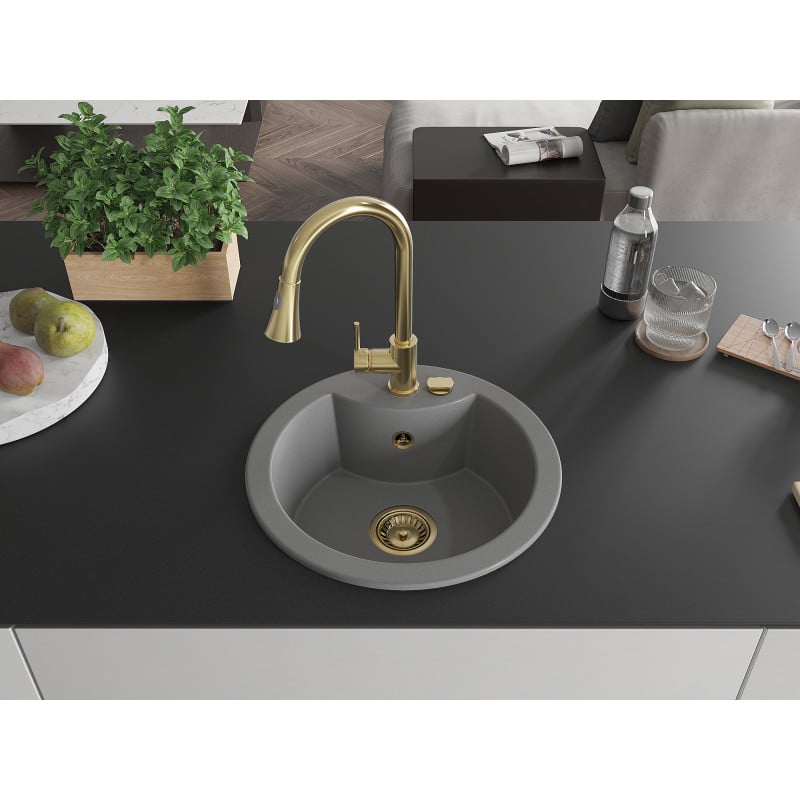 Mexen Diego 1-bowl granite sink with Elia kitchen tap, grey - 6512-71-670101-50