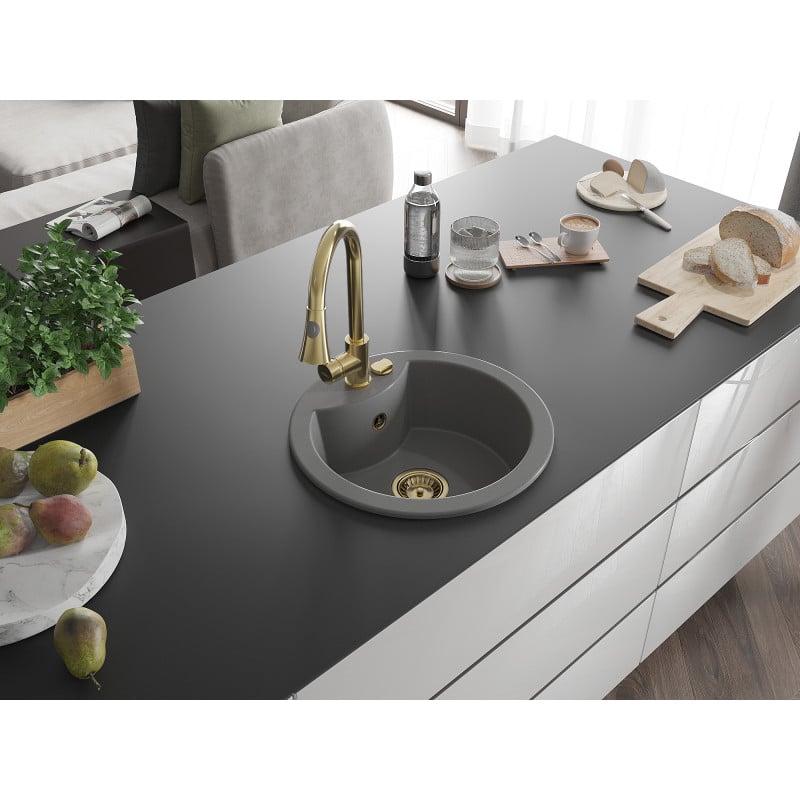 Mexen Diego 1-bowl granite sink with Elia kitchen tap, grey - 6512-71-670101-50