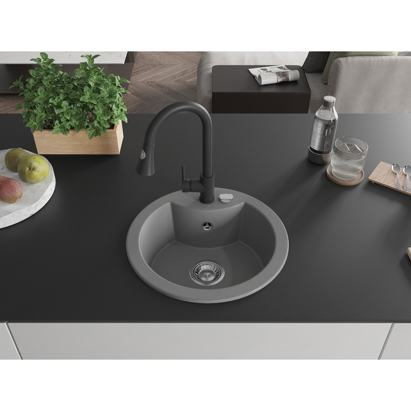 Mexen Diego granit gootsteen 1-komorig met keukenmengkraan Elia, grijs - 6512-71-670101-70