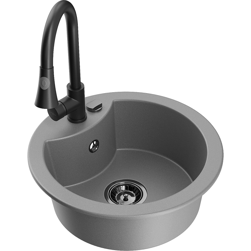 Mexen Diego évier en granit 1 bac avec robinet de cuisine Elia, gris - 6512-71-670101-70-B