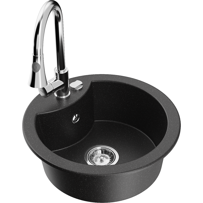 Mexen Diego lavello da cucina in granito a 1 vasca con rubinetto da cucina Elia, nero/argento metallizzato - 6512-73-670101-00