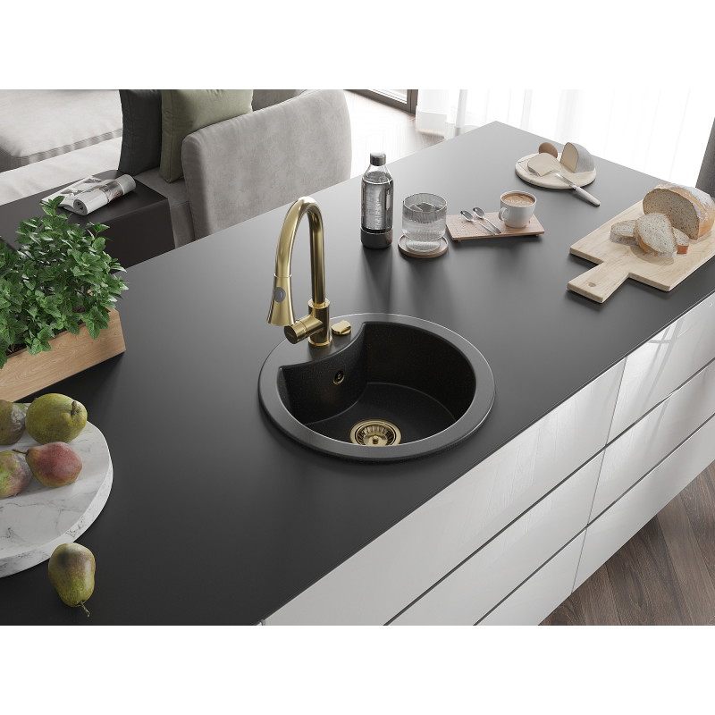 Mexen Diego Granitspüle einbecken mit Küchenarmatur Elia, schwarz/silber Metallic - 6512-73-670101-50