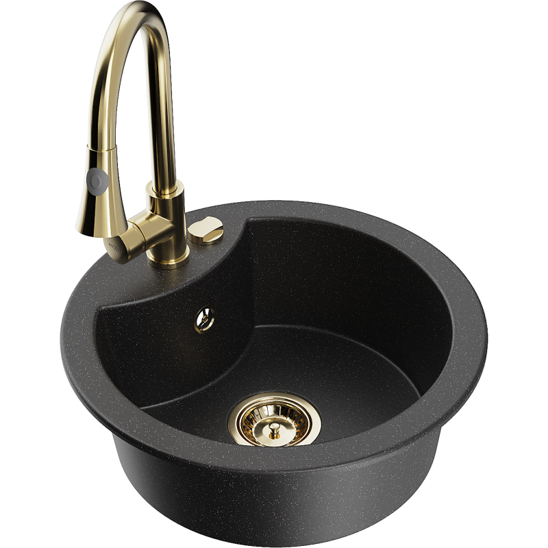 Mexen Diego lava-louça em granito de 1 cuba com torneira de cozinha Elia, preto/prata metálico - 6512-73-670101-50