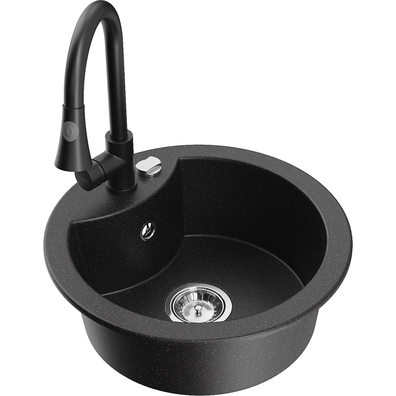 Mexen Diego 1-bowl granite sink with Elia kitchen tap, black/silver metallic - 6512-73-670101-70