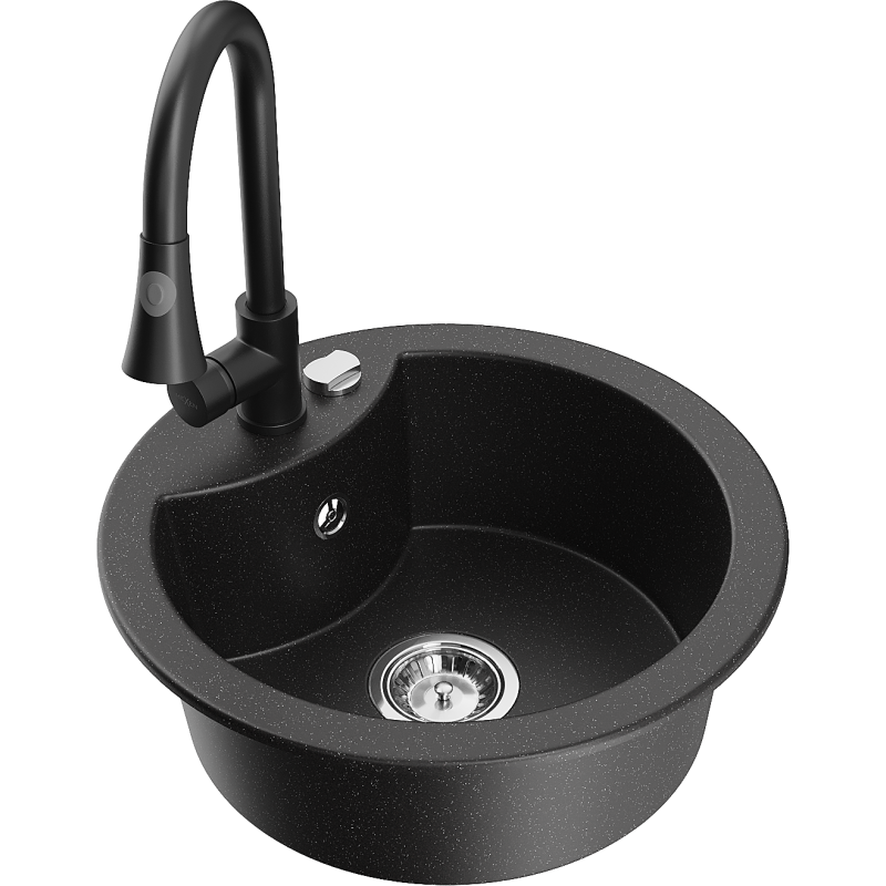 Mexen Diego Granitspüle 1-beckig mit Küchenarmatur Elia, schwarz/silber metallic - 6512-73-670101-70