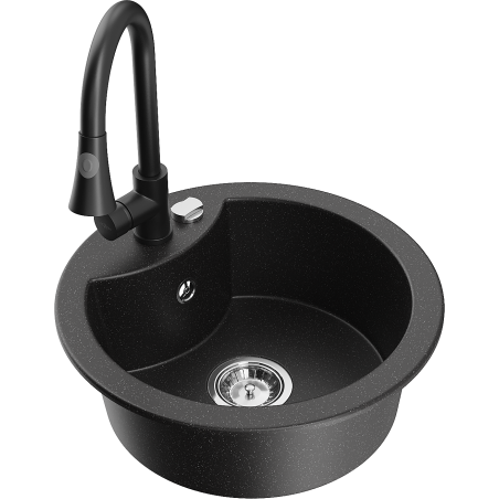 Mexen Diego Granitspüle 1-beckig mit Küchenarmatur Elia, schwarz/silber metallic - 6512-73-670101-70