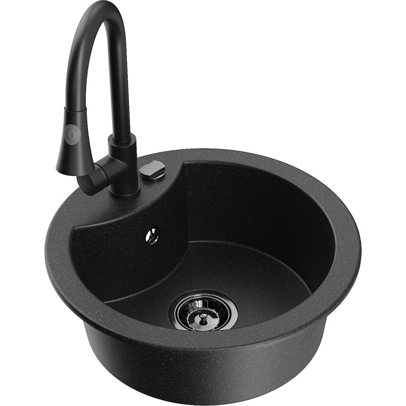 Mexen Diego 1-bowl granite sink with Elia kitchen tap, black/silver metallic - 6512-73-670101-70-B