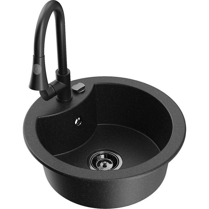 Mexen Diego fregadero de granito de 1 cubeta con grifo de cocina Elia, negro/plateado metálico - 6512-73-670101-70-B