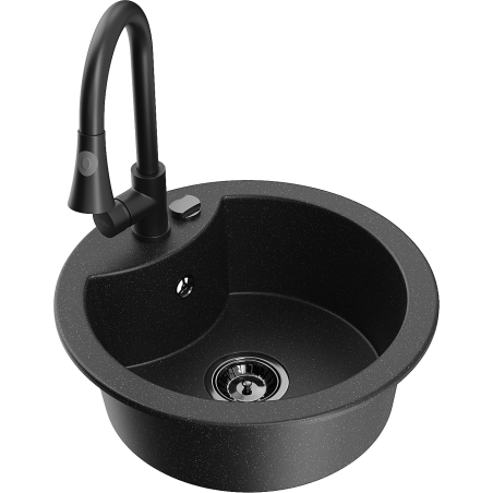 Mexen Diego 1-bowl granite sink with Elia kitchen tap, black/silver metallic - 6512-73-670101-70-B